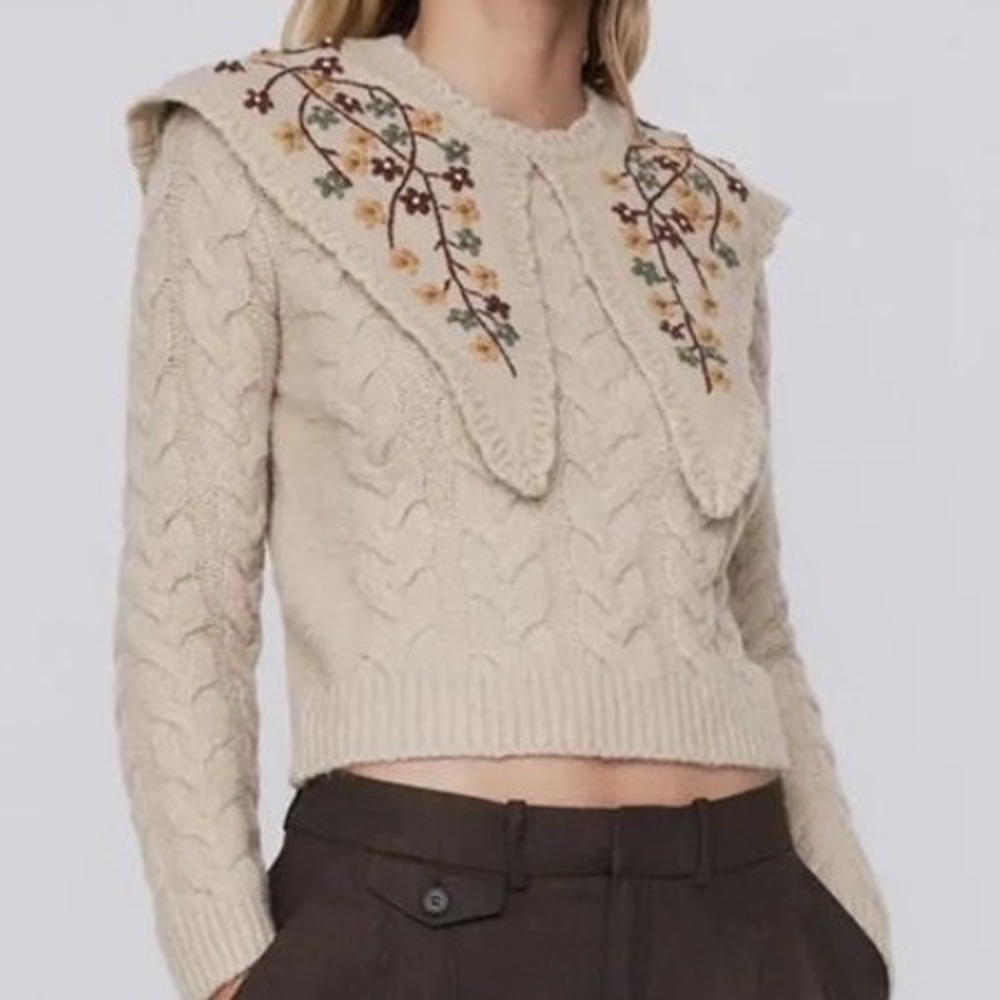 Cottagecore Beige Cable Knit Floral Embroidered Peter Pan Collar Sweater Size M